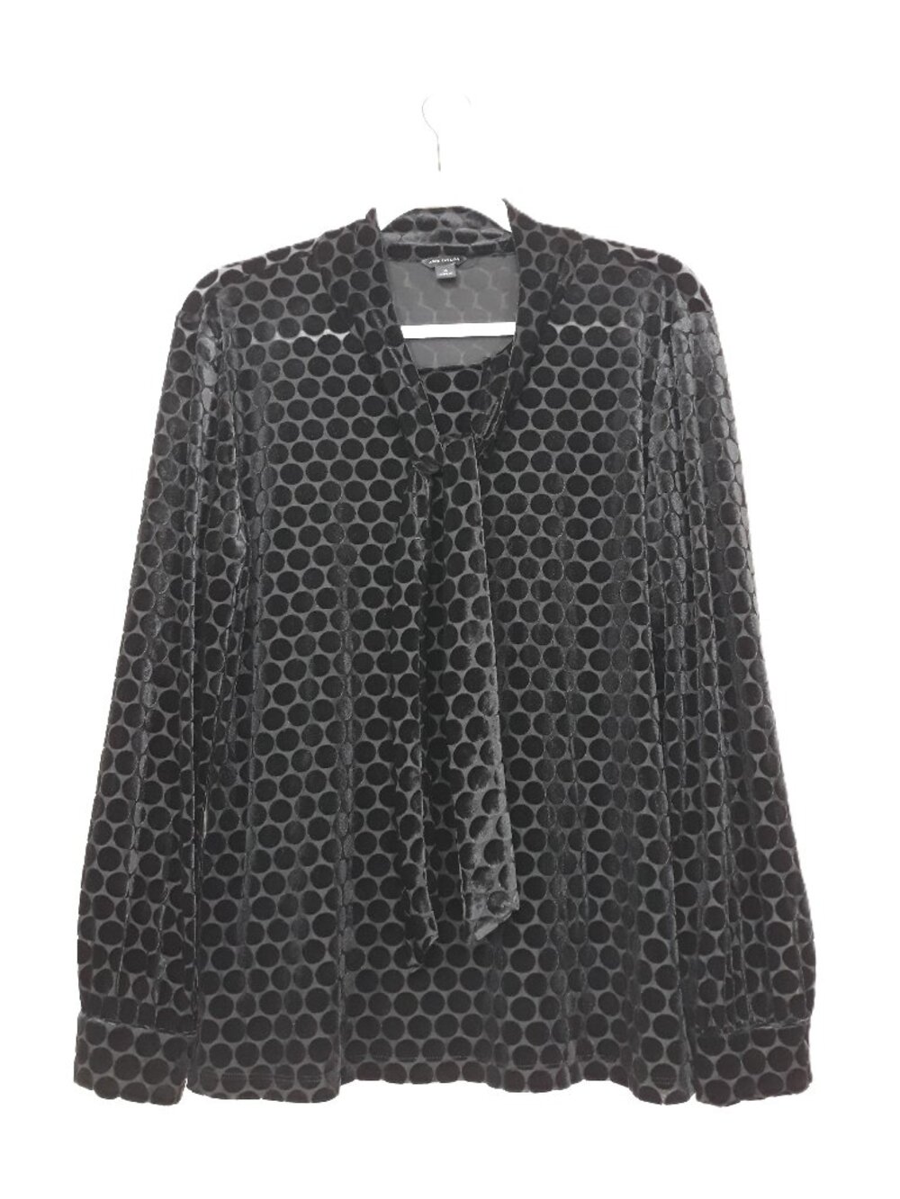 Ann Taylor Black Velvet Burnout Blouse Tie Neck Polka Dot XL